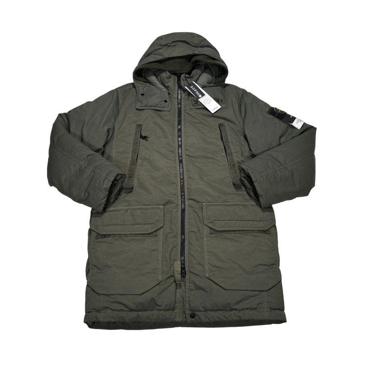 Stone Island Green Opaque Nylon Twill Down-TC Compass Patch Parka Coat