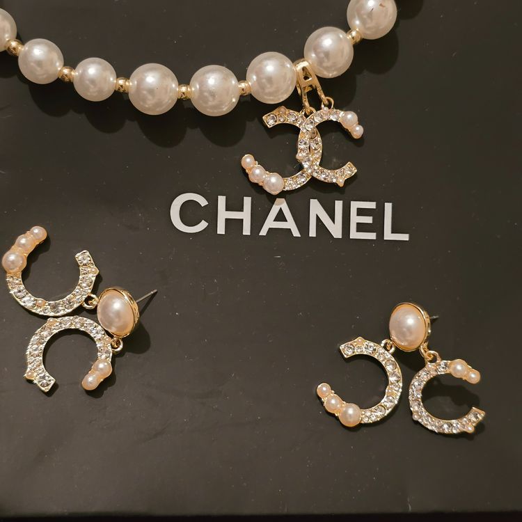 Chanel Chanel Pearl And Crystal Logo Necklace And Earrings Set product image