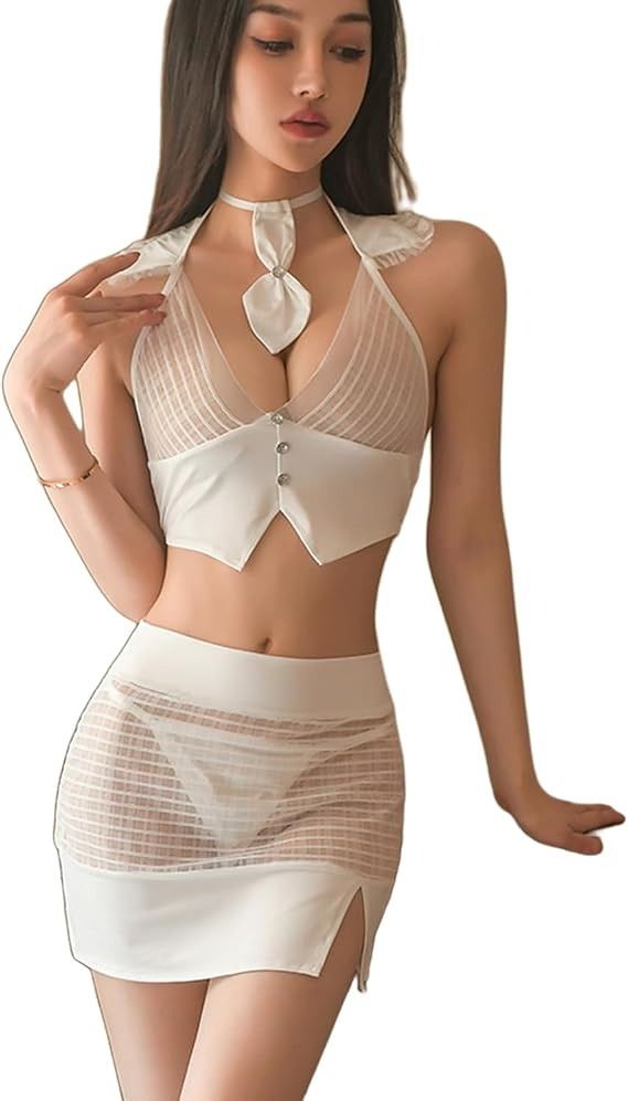 White Sheer Mesh Two-Piece Set With Halter Top And Mini Skirt image 4