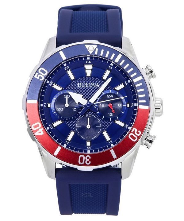 Immagine di Bulova Sports Chronograph Silicone Strap Blue Dial Quartz 98K111 100M Mens Watch With Gift Set 1