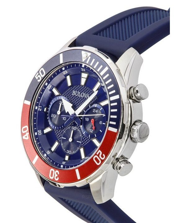 Immagine di Bulova Sports Chronograph Silicone Strap Blue Dial Quartz 98K111 100M Mens Watch With Gift Set 2