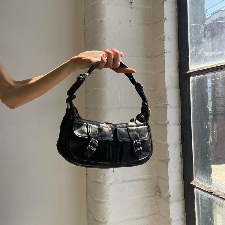Unknown Black Leather Shoulder Bag with Buckle Pockets product image