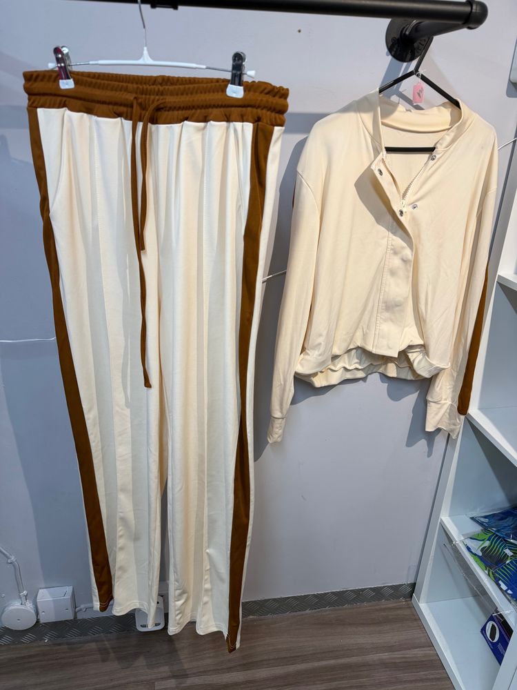 Cream And Brown Pants And Cream Jacket Set - Viral and trending 