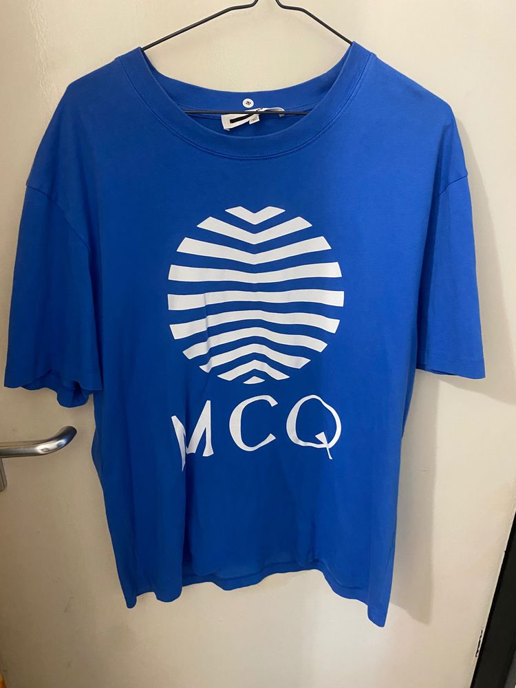 Alexander McQueen Blue T-Shirt With White Graphic Print