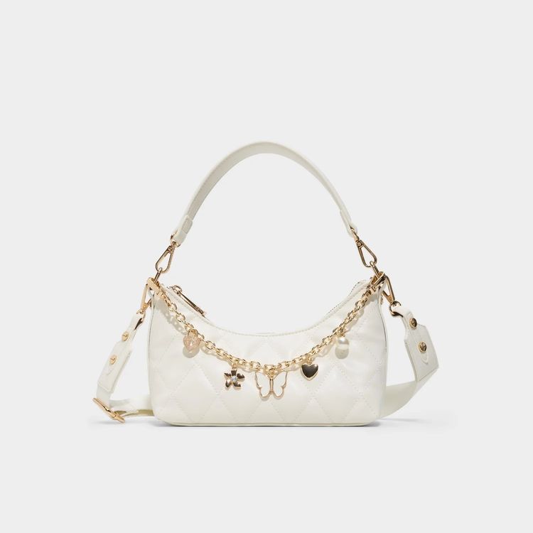White Quilted Handbag With Gold Charm Chain image 1