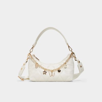 White Quilted Handbag With Gold Charm Chain