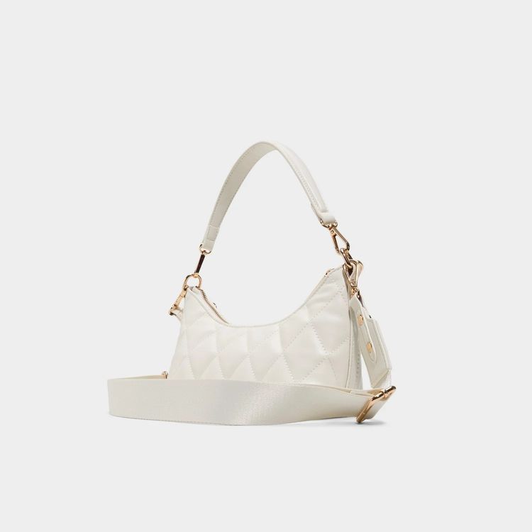 White Quilted Handbag With Gold Charm Chain image 2