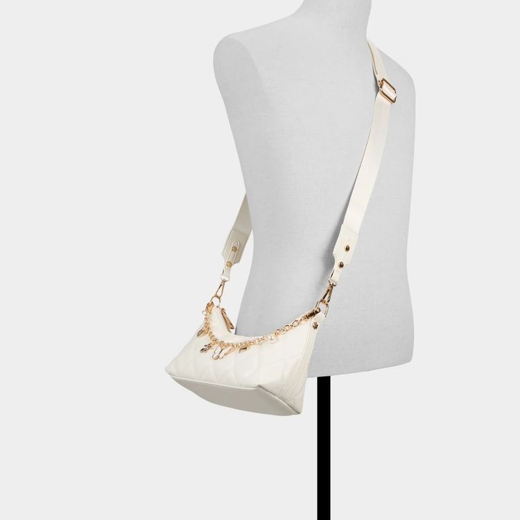 White Quilted Handbag With Gold Charm Chain image 3