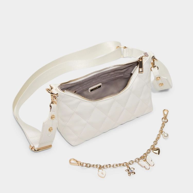White Quilted Handbag With Gold Charm Chain image 4