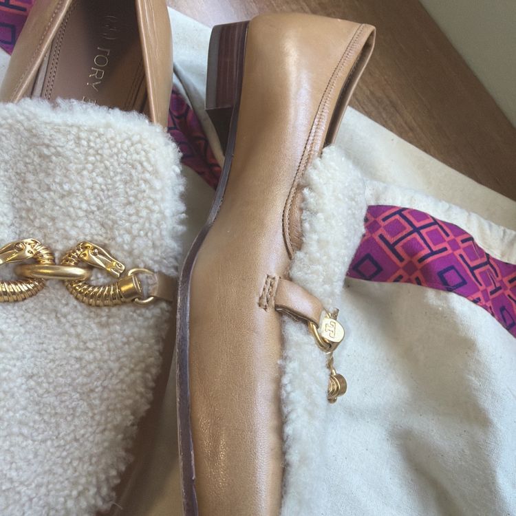 Tory Burch Leather Shearling Jessa Brown Loafers Shoes Horse Bit Uk 8 USA 10.5 image 4