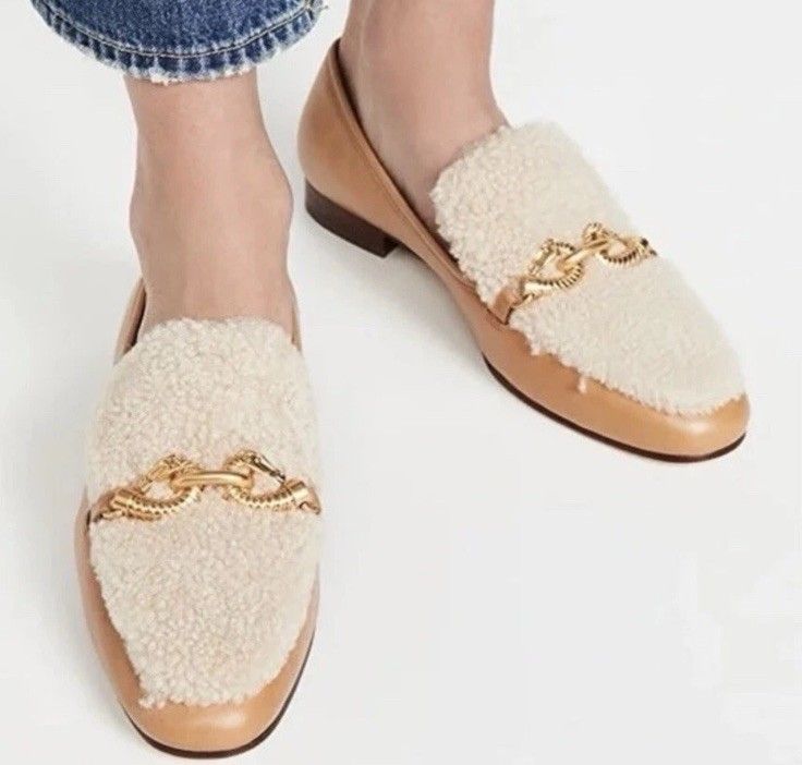 Tory Burch Leather Shearling Jessa Brown Loafers Shoes Horse Bit Uk 8 USA 10.5 image 1