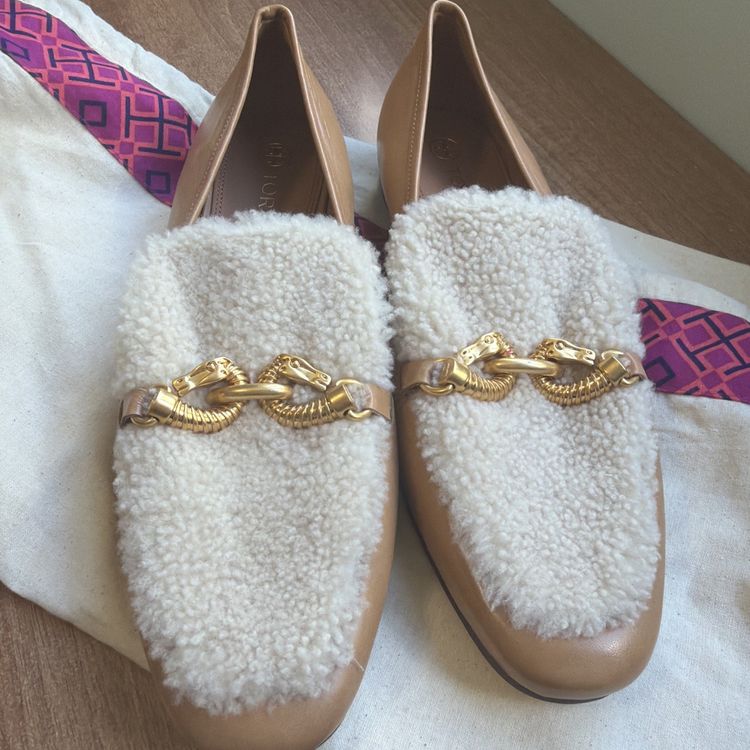 Tory Burch Leather Shearling Jessa Brown Loafers Shoes Horse Bit Uk 8 USA 10.5 image 2