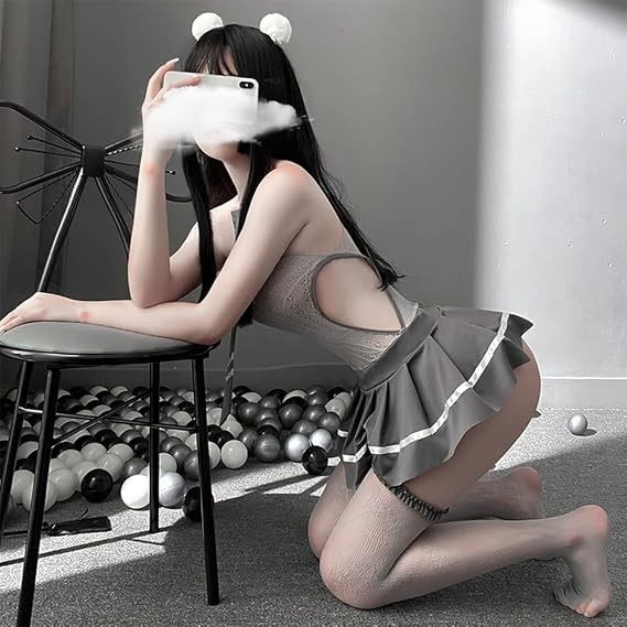 Grey Fishnet Bodysuit With Pleated Skirt And Tie image 1