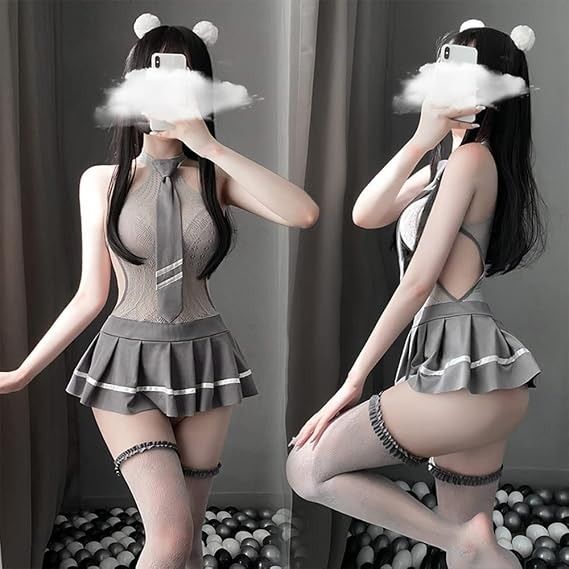 Grey Fishnet Bodysuit With Pleated Skirt And Tie image 2