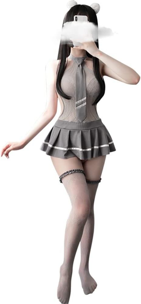 Grey Fishnet Bodysuit With Pleated Skirt And Tie image 3
