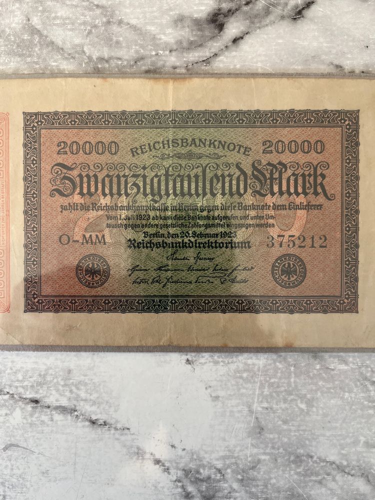 German 20,000 mark banknote (Reichsbanknote) from 1923. image 2