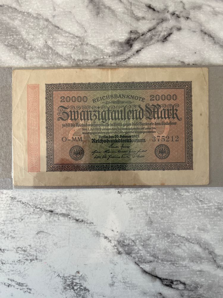 German 20,000 mark banknote (Reichsbanknote) from 1923.