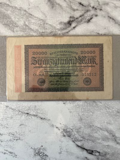 German 20,000 mark banknote (Reichsbanknote) from 1923.
