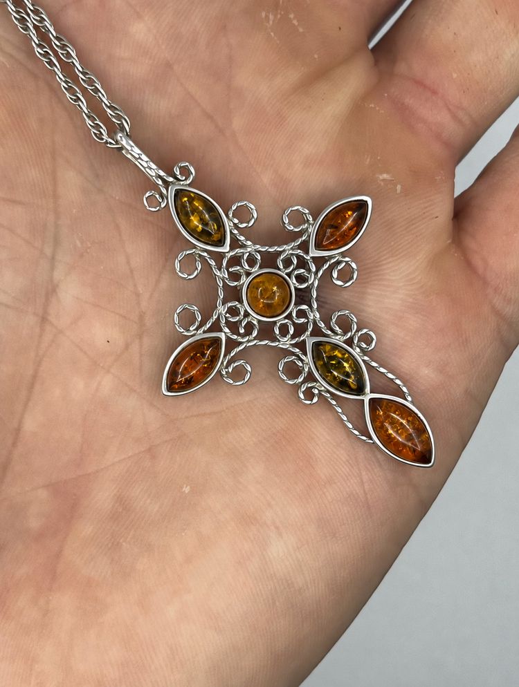 925 Sterling Silver Amber Cross Pendant Necklace imagen 2