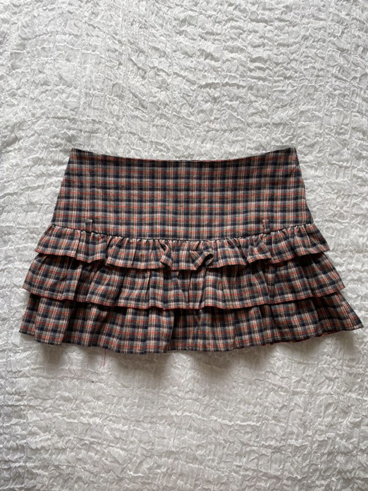 retro boho frilly plaid low rise mini skirt