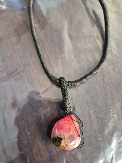 Black Cord Necklace With Pink Stone Pendant