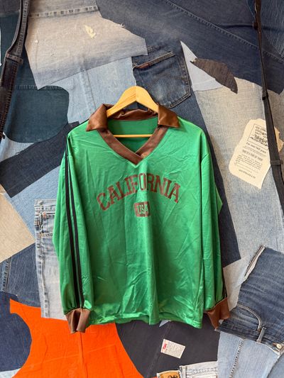 Green Long Sleeve Shirt With Brown Collar And Cuffs