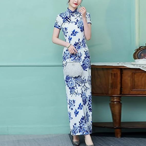 White And Blue Floral Cheongsam Dress imagen 1