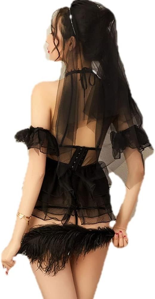 Black Sheer Lingerie Set With Veil And Fishnet Stockings image 4