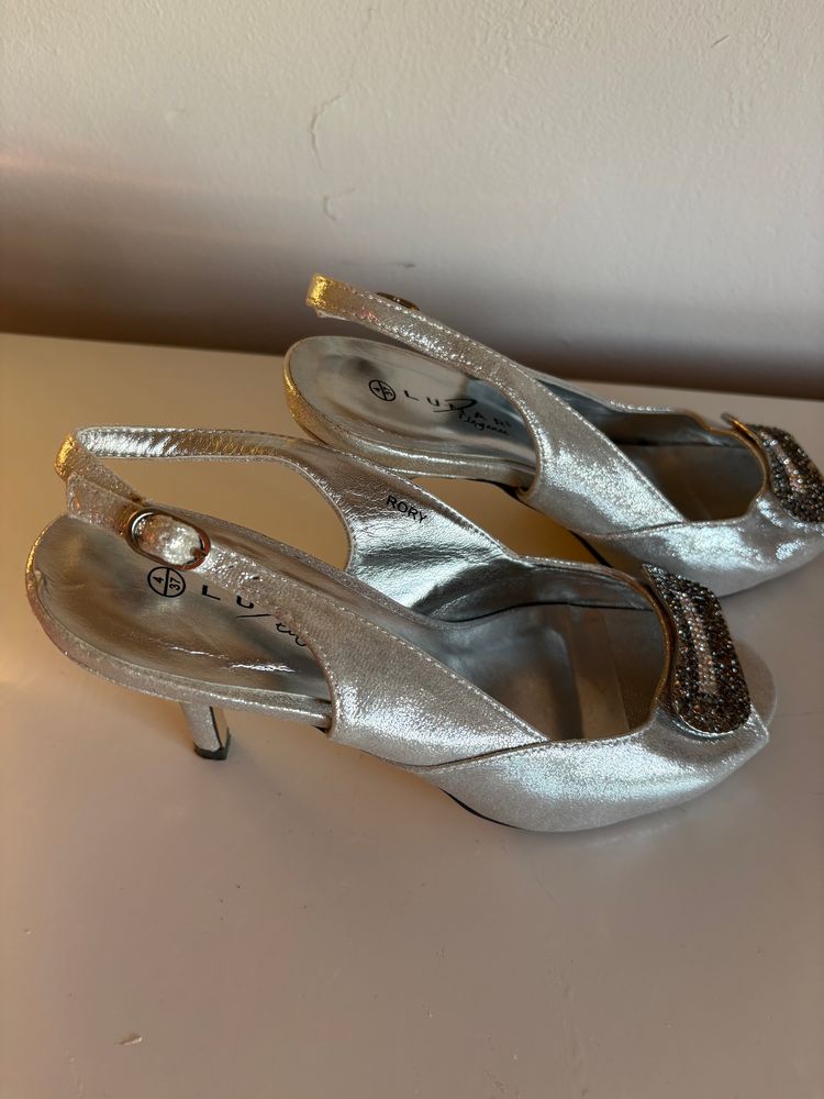 Lunar Silver Slingback Heels With Rhinestone Detail 6