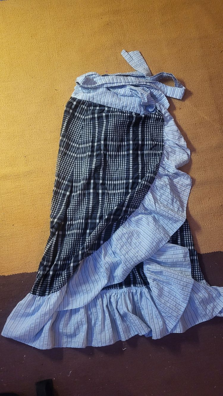 GANNI bue And White Checkered Wrap Skirt With Ruffle Hem image 2