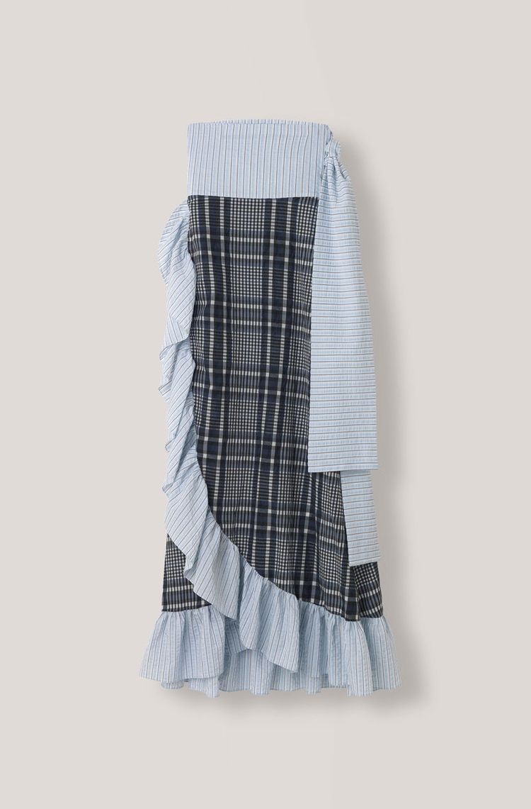 GANNI bue And White Checkered Wrap Skirt With Ruffle Hem
