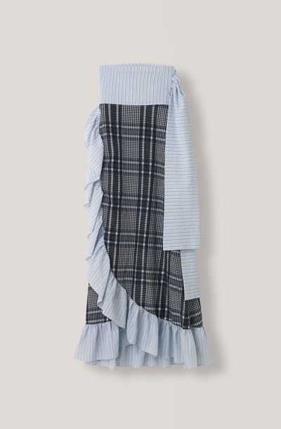 GANNI bue And White Checkered Wrap Skirt With Ruffle Hem