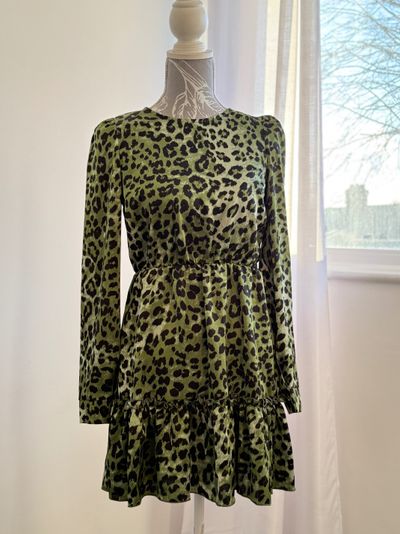 Green Leopard Print Long Sleeve Dress