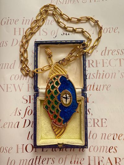 Gold-Tone Fish Pendant Necklace With Blue And Green Enamel