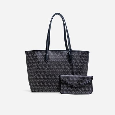 Black Patterned Tote Bag With Matching Pouch