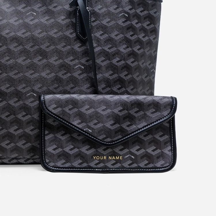 Immagine di Black Patterned Tote Bag With Matching Pouch 3