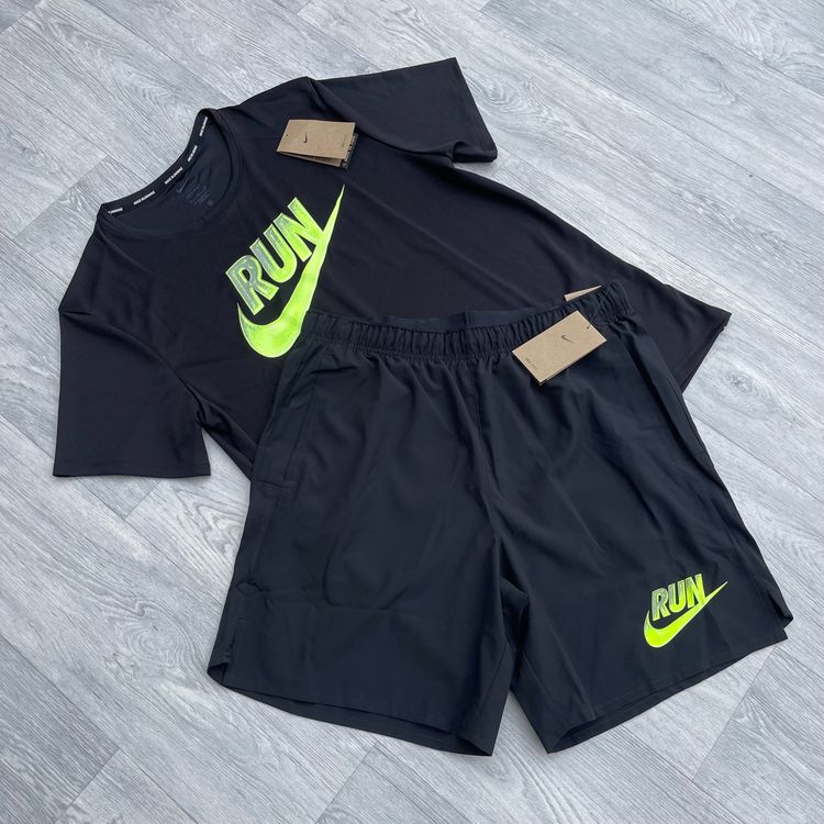 Nike Dri Fit Miler Run Energy T-Shirt Top and 7" Challenger Training Shorts Set - Black
