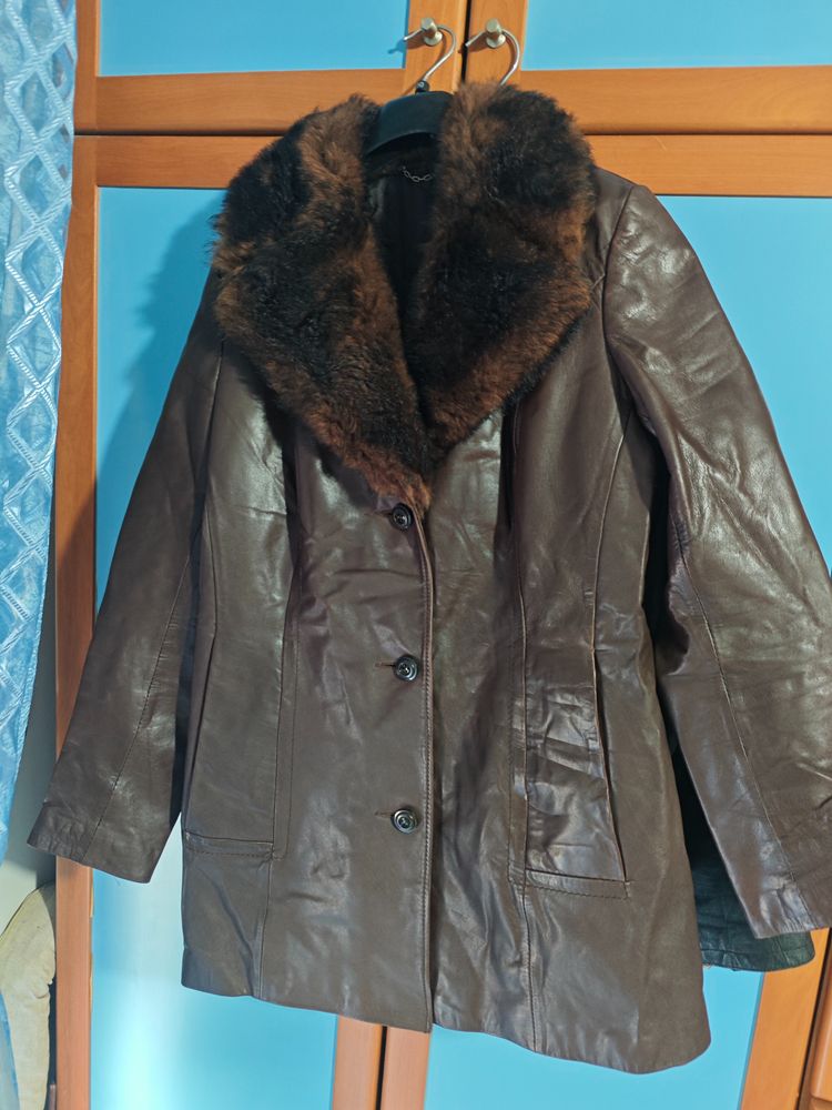 Brown Leather Coat With Fur Collar