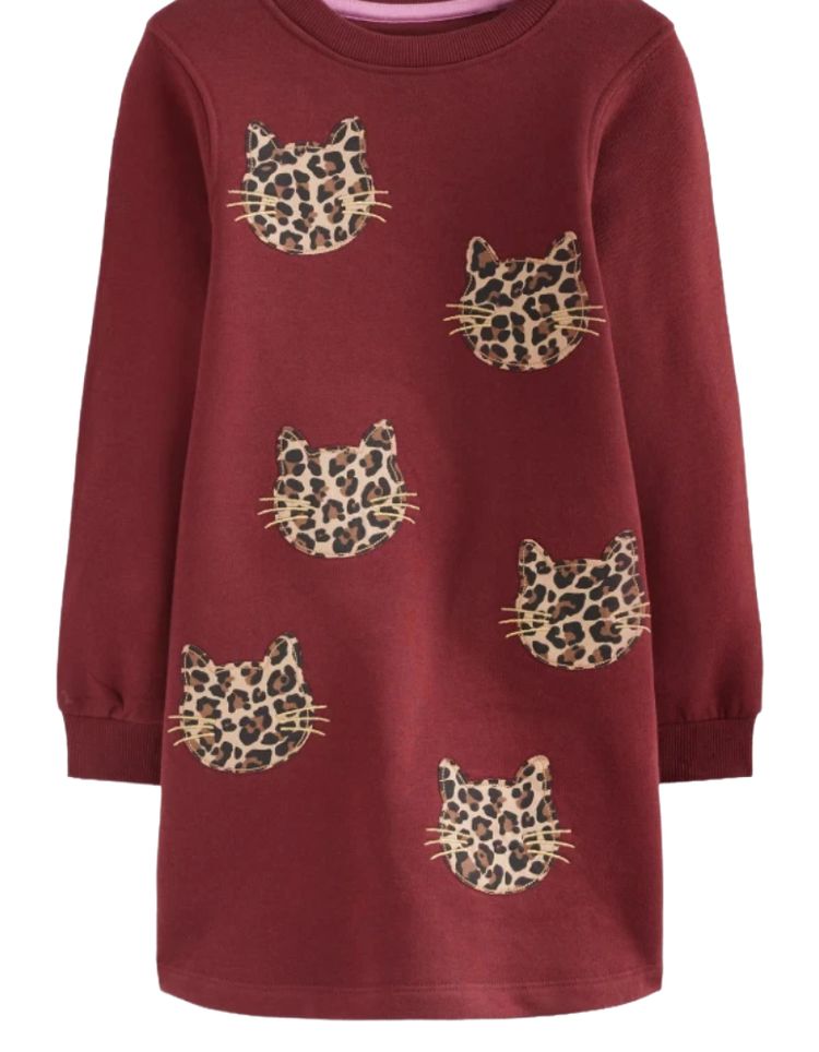 Mini Boden Girls Sweatshirt Applique Dress Chestnut Cat Faces In Burgundy image 1