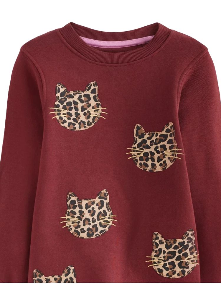 Mini Boden Girls Sweatshirt Applique Dress Chestnut Cat Faces In Burgundy image 4