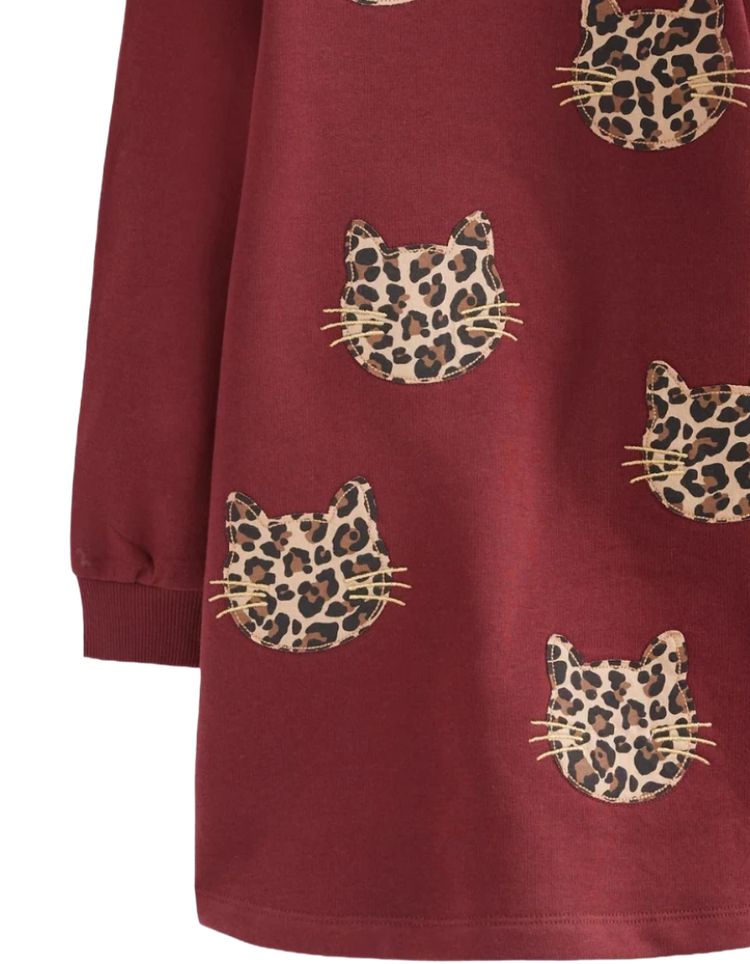 Mini Boden Girls Sweatshirt Applique Dress Chestnut Cat Faces In Burgundy image 3