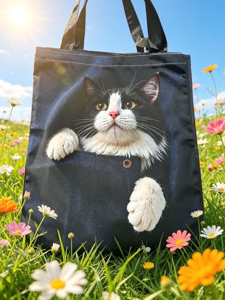 Black Tote Bag With Cat Print