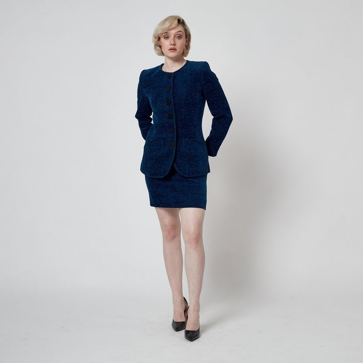 1990s Yves Saint Laurent Blue Chenille Skirt Suit with Clover Buttons image 9