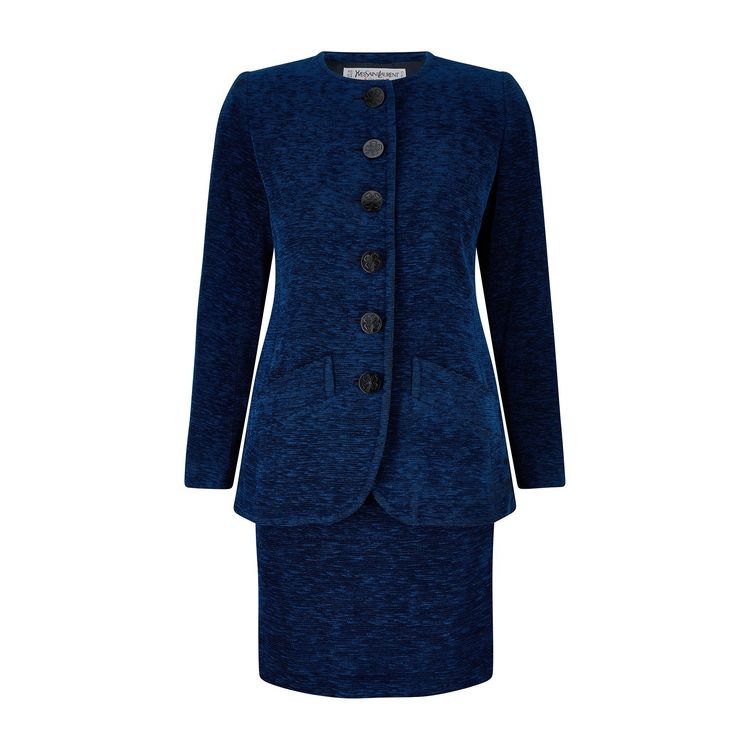 1990s Yves Saint Laurent Blue Chenille Skirt Suit with Clover Buttons image 1