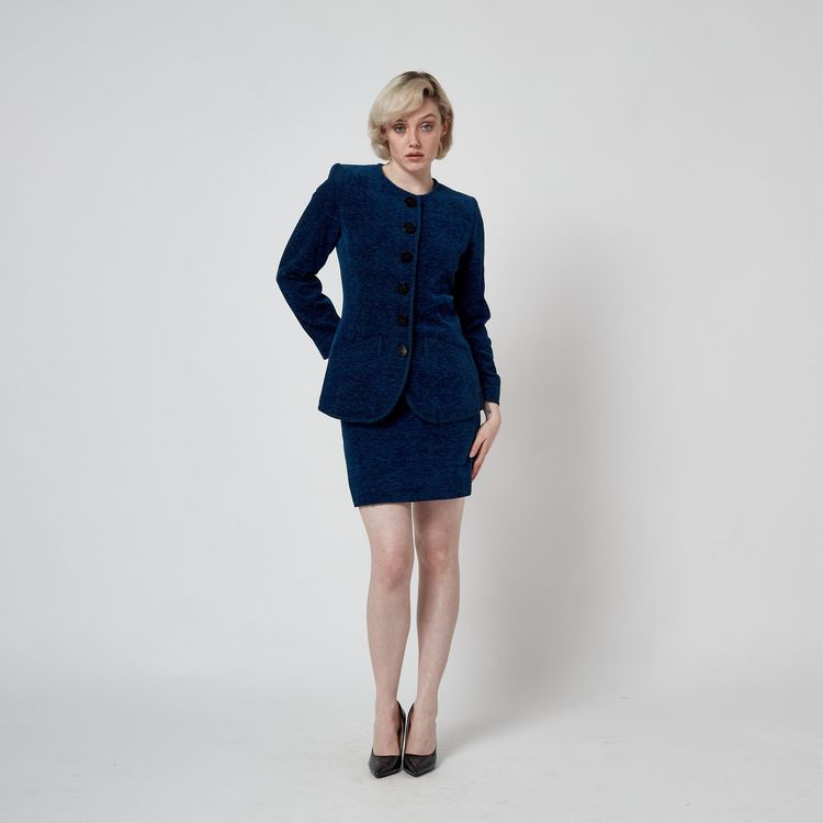 1990s Yves Saint Laurent Blue Chenille Skirt Suit with Clover Buttons image 5