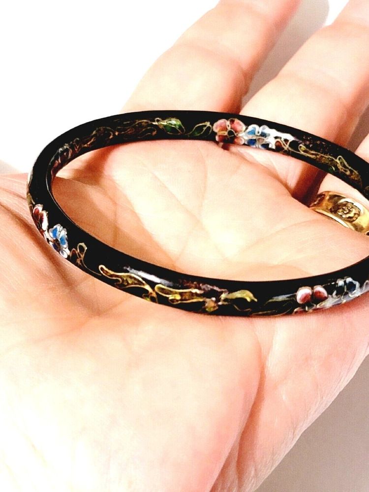 Black Floral Enamel Bangle Bracelet image 1