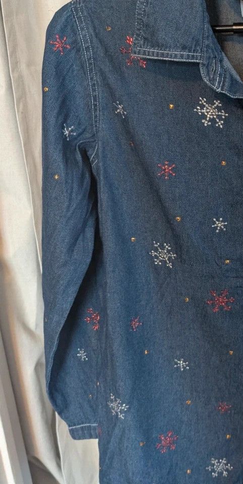 Vintage Quacker Factory Denim Shirt Embroidered Snowflake Blue XS image 8