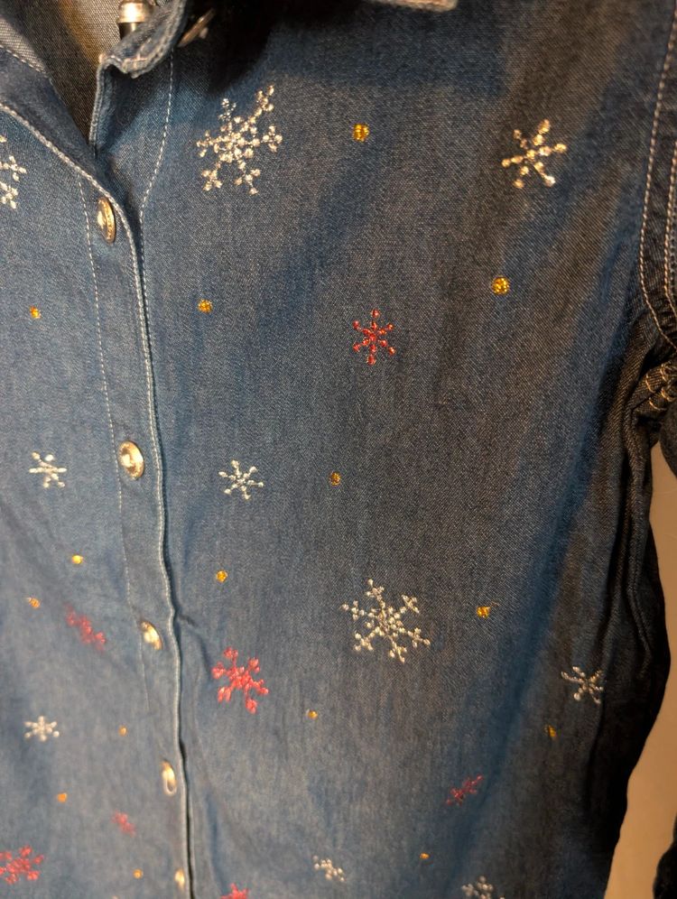 Vintage Quacker Factory Denim Shirt Embroidered Snowflake Blue XS image 5