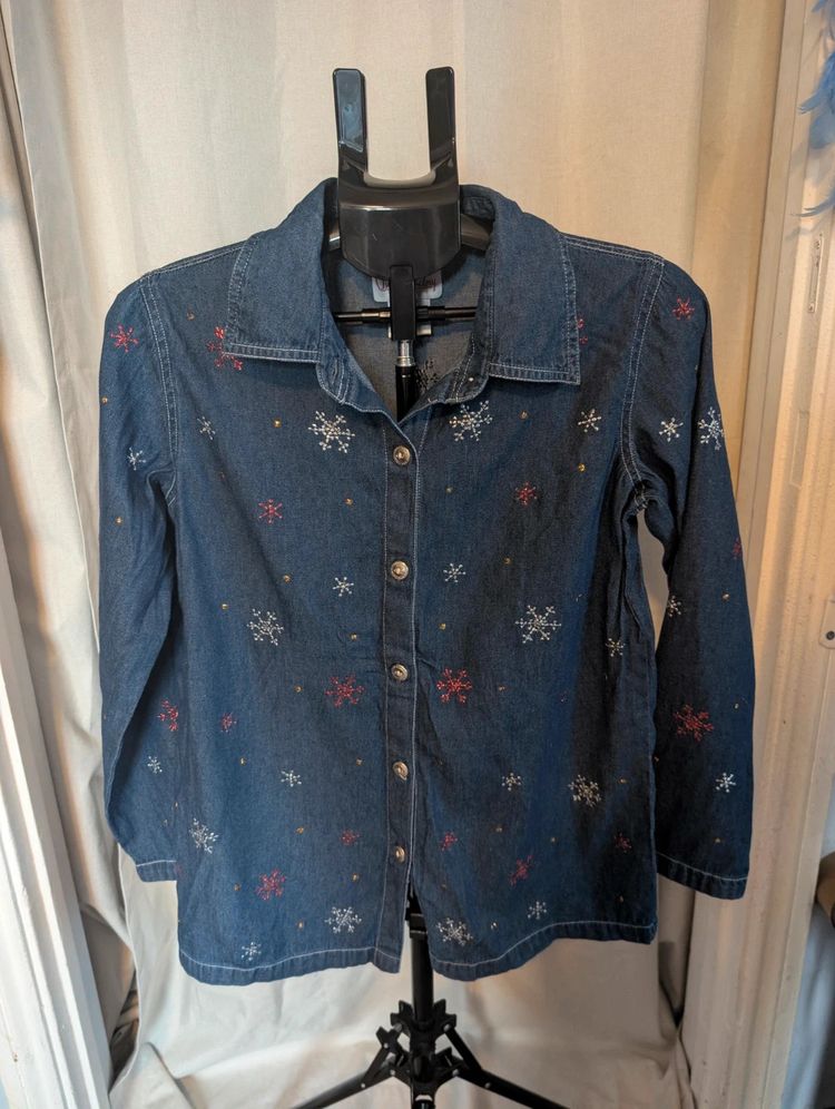 Vintage Quacker Factory Denim Shirt Embroidered Snowflake Blue XS image 1
