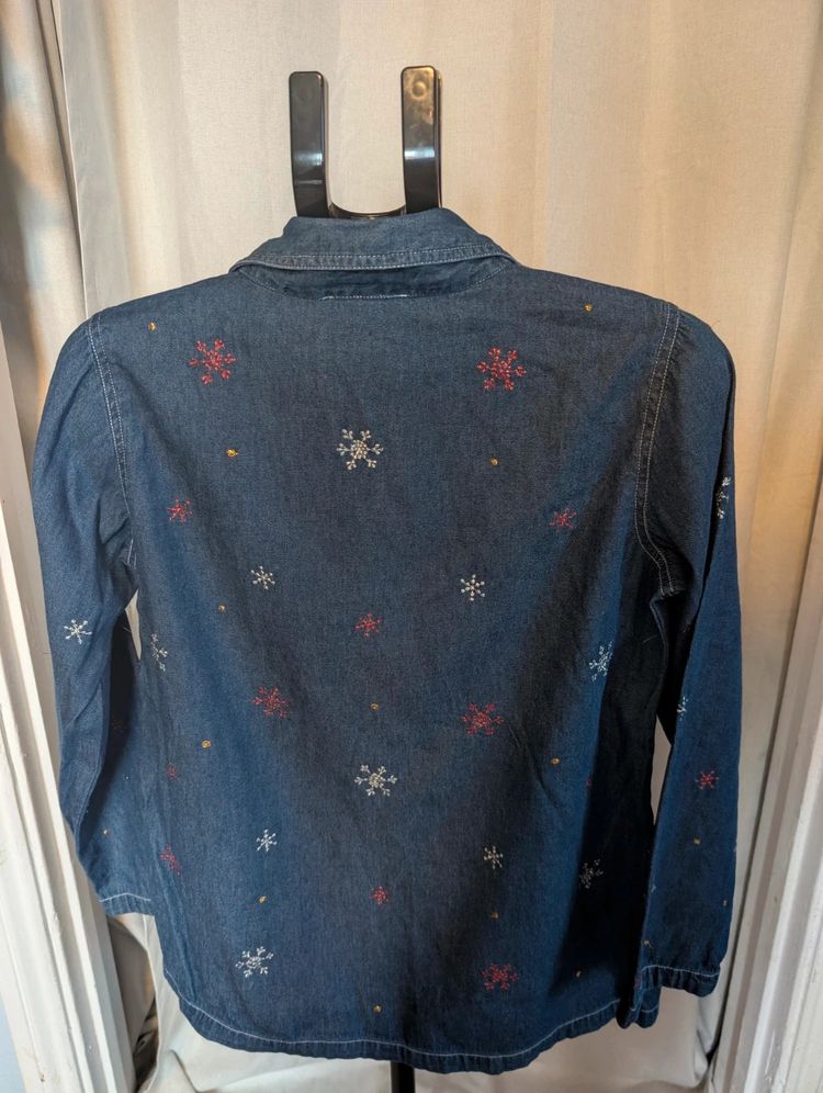 Vintage Quacker Factory Denim Shirt Embroidered Snowflake Blue XS image 6